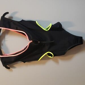 Zara Black One Piece Swimsuit with Neon Accents